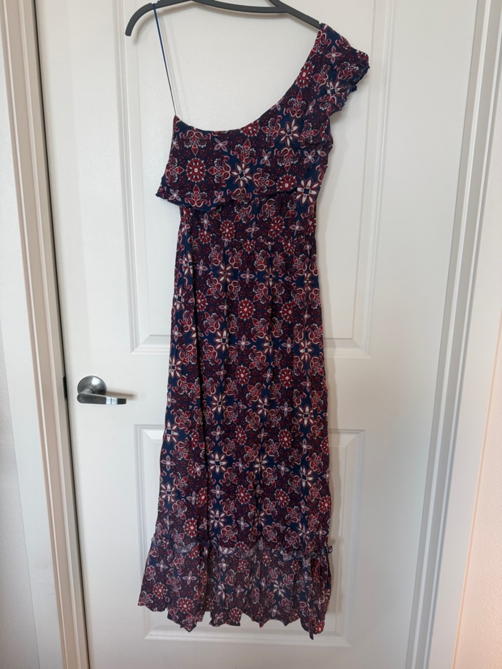 miami One-Shoulder Navy Floral Maxi Dress - Navy, Red, White